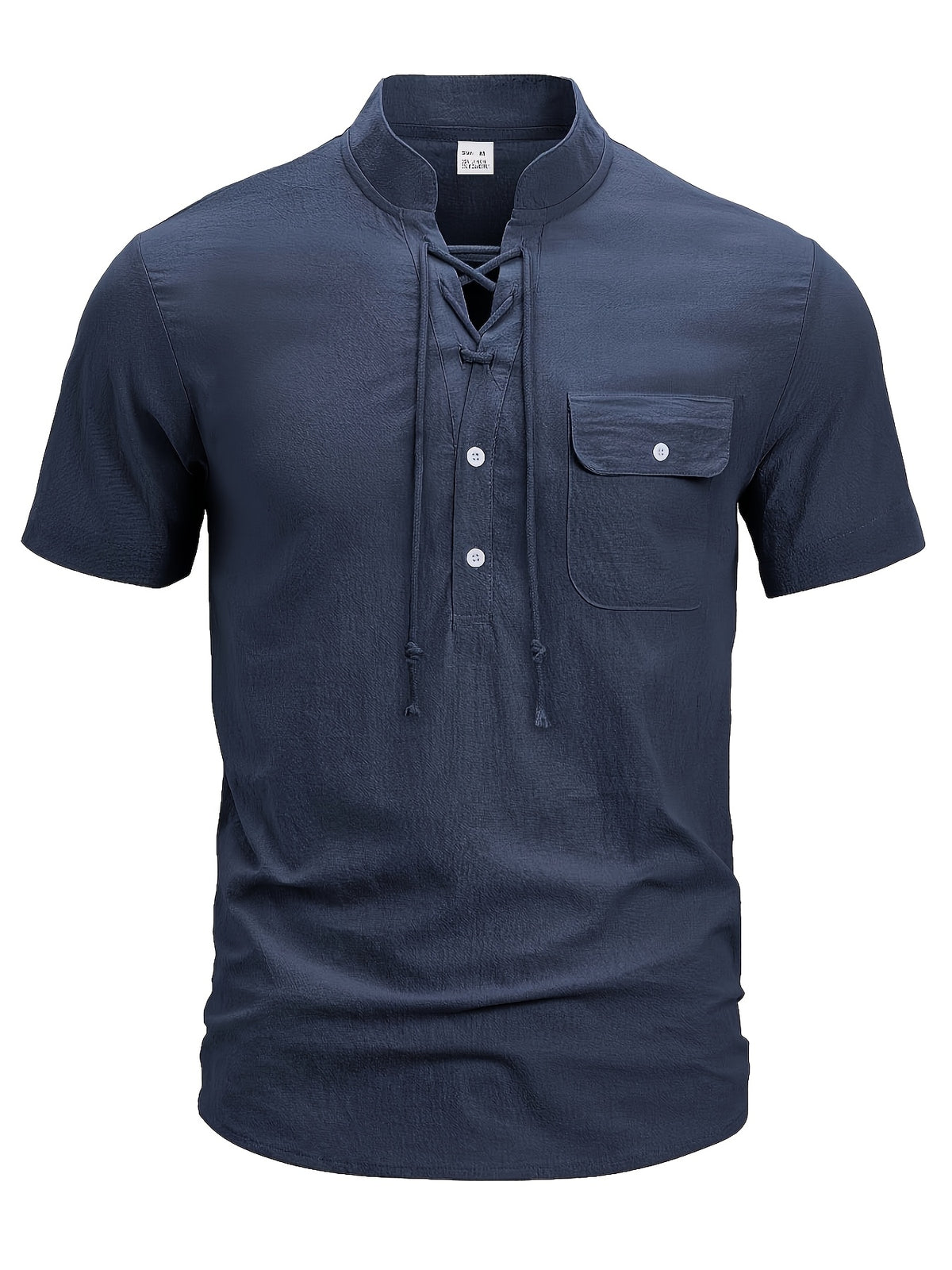New Men'S Lace-Up Henley T-Shirt, Stand Collar Short Sleeve Casual Pullover with Adjustable Drawstring Neckline And Flap Chest Pocket, Lightweight Relaxed Fit Top for Beach Vacations, Travel, Outdoor Leisure And Everyday Wear - Navy Color