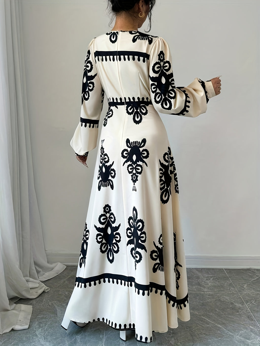 Print Lantern Sleeve Dress - Long Sleeve Small Round Neck Long Dress for Women, Machine Washable Spring/Autumn Casual & Formal Wear, Long Sleeve Dress - Mixed colors