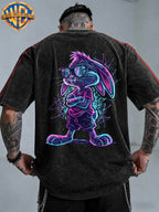 Official Warner Bros. Licensed Product: Neon Effect SEG-Style  Arm-Folded Fashion Glasses Cool Back Print Short-Sleeve T-Shirt, Contrast Striped Sleeve Crew Neck Casual Sport Top. Suitable for Outdoor Sports, Gym, Daily Commuting, and Gifting - Black