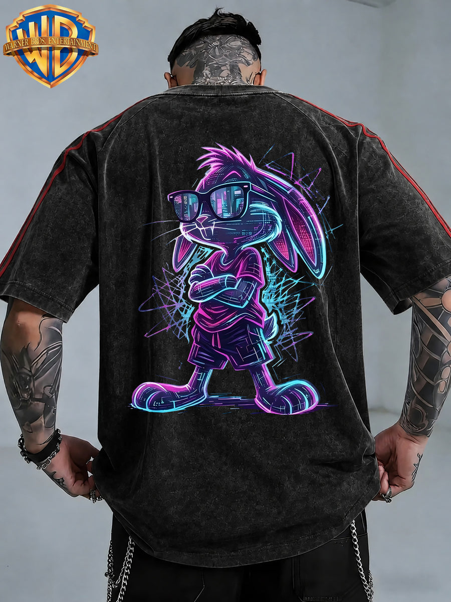 Official Warner Bros. Licensed Product: Neon Effect SEG-Style Arm-Folded Fashion Glasses Cool Back Print Short-Sleeve T-Shirt, Contrast Striped Sleeve Crew Neck Casual Sport Top. Suitable for Outdoor Sports, Gym, Daily Commuting, and Gifting - Black