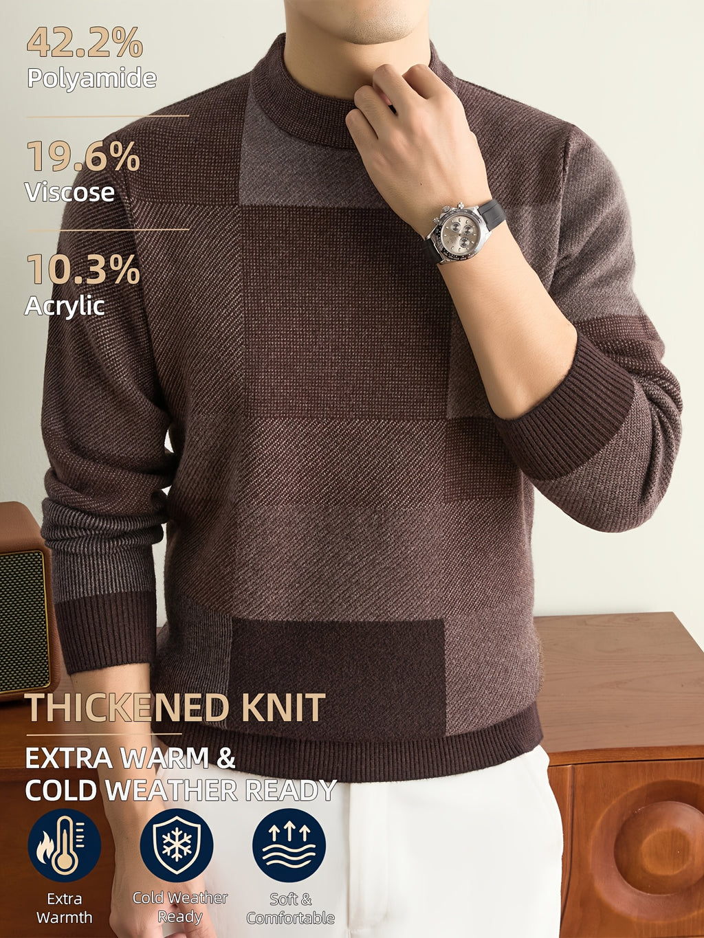 Men'S Autumn And Winter Knitted Pullover Sweater, Classic Crew Neck with Color-Block Geometric Design, Thick And Warm for Cold Weather, Ideal for Casual Wear, Outdoor Activities, Camping, Hiking, And Fishing, Gift for Dad Or Husband - Dark Red