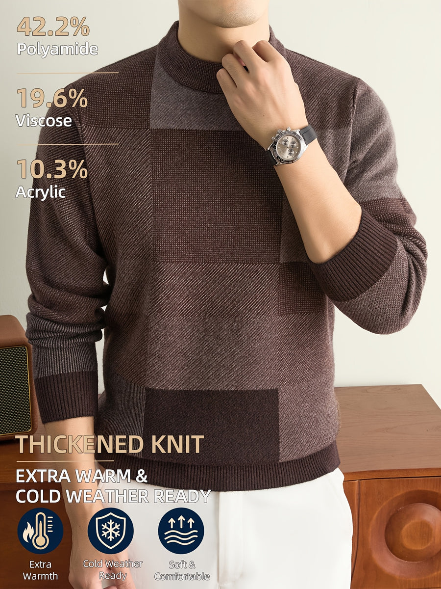 Men'S Autumn And Winter Knitted Pullover Sweater, Classic Crew Neck with Color-Block Geometric Design, Thick And Warm for Cold Weather, Ideal for Casual Wear, Outdoor Activities, Camping, Hiking, And Fishing, Gift for Dad Or Husband - Dark Red