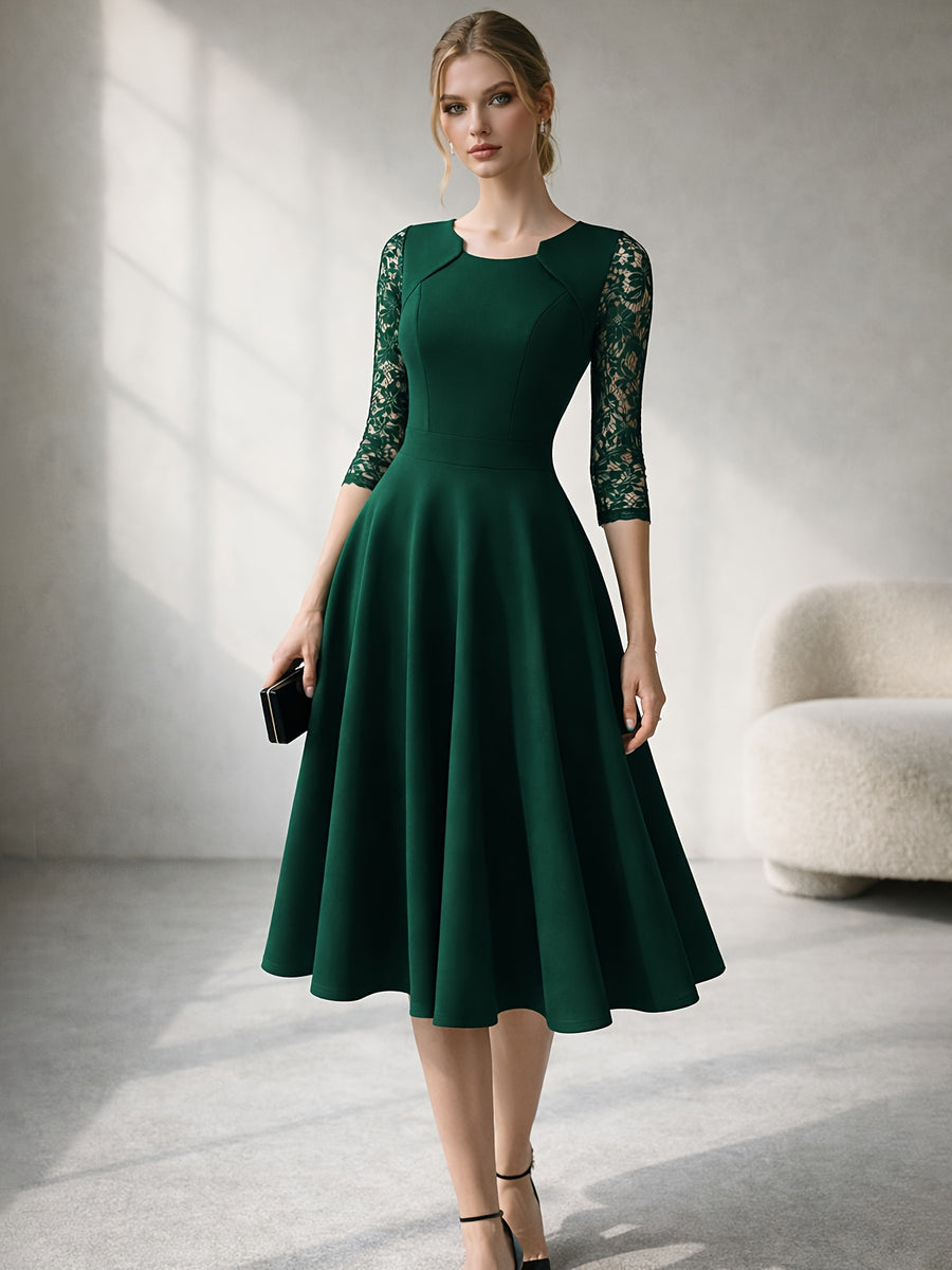 Women'S Fashion Vintage Square Neck Floral Lace Party Swing Dress - Dark Green