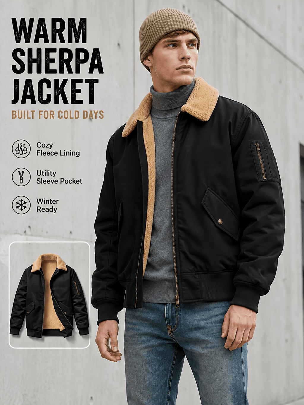 Men'S Autumn Winter Jacket Fleece Bomber Jacket Faux Lamb Shear Fleece Windproof Warm Jacket - Black