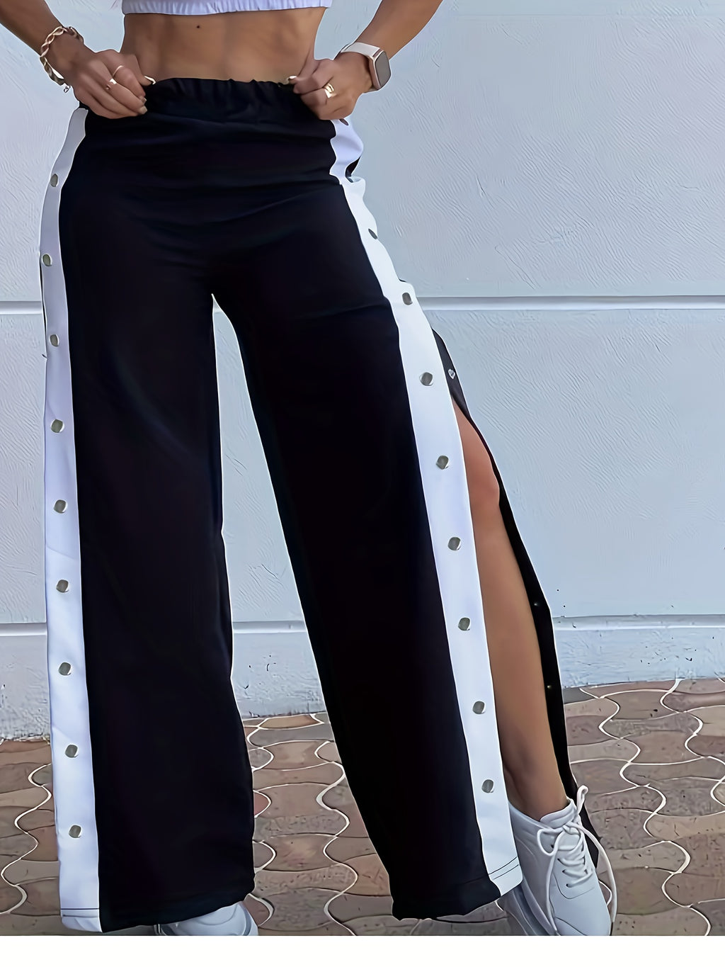 Women's Black and White Color Block Side Button Fly Wide Leg Casual Pants - Black