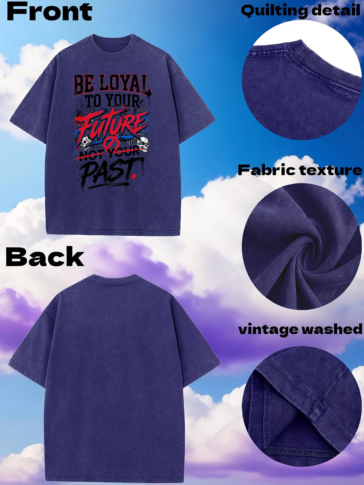 American-Style Washed Vintage Skull Graphic T-Shirt, Dark High Street Fashion Short Sleeves, Loose Fit with Motivational Slogans for Men - Royal Blue