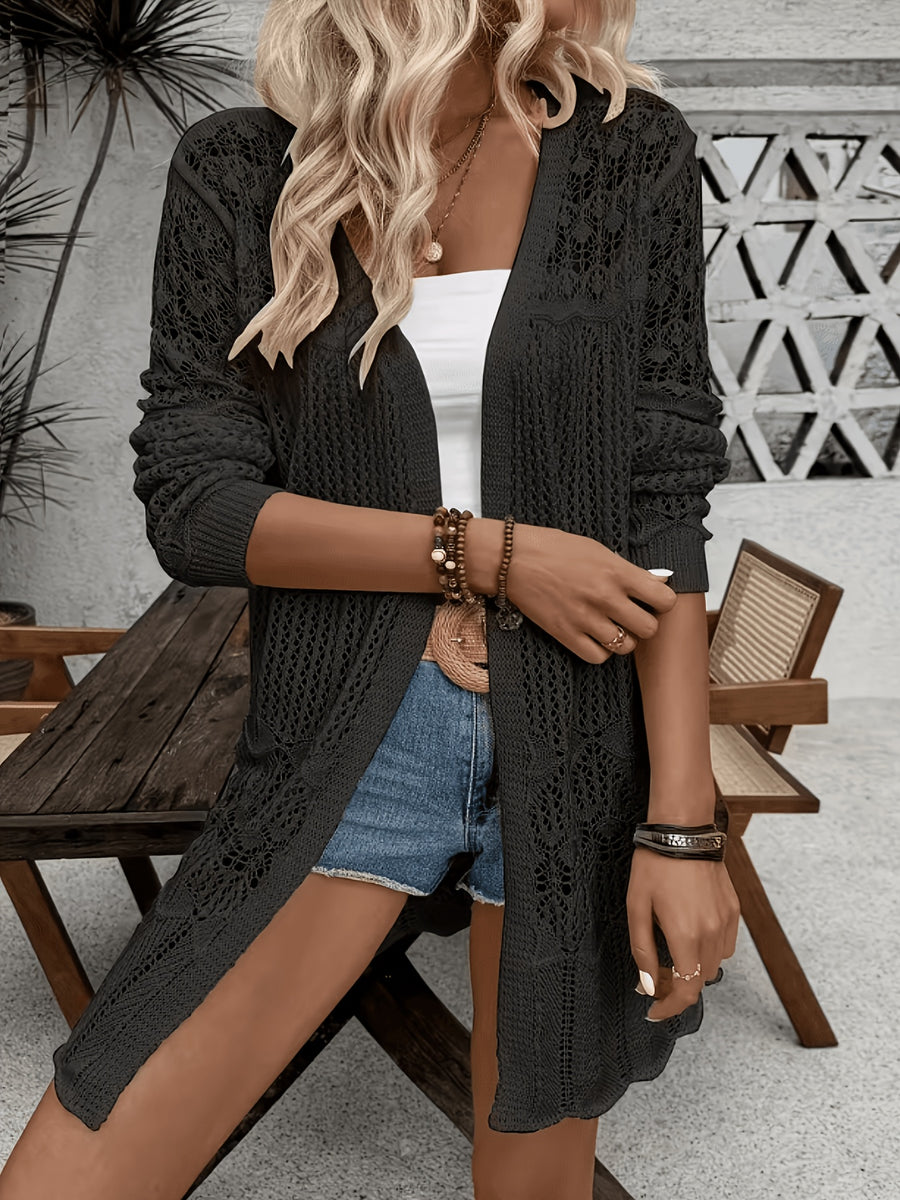 Women'S Elegant Long Sleeve Lace Open Cardigan, Suitable for Vacation, Beach - Black