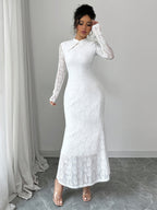 Elegant New Chinese Style White Lace Cheongsam Long Dress, Stand-up Collar with Mandarin Buttons, Semi-Sheer Slim-Fit Hip-Hugging Mermaid Skirt, Light Wedding Gown, Bridesmaid Evening Fairy Gown, Formal Dress, Guest Attire - Ivory White