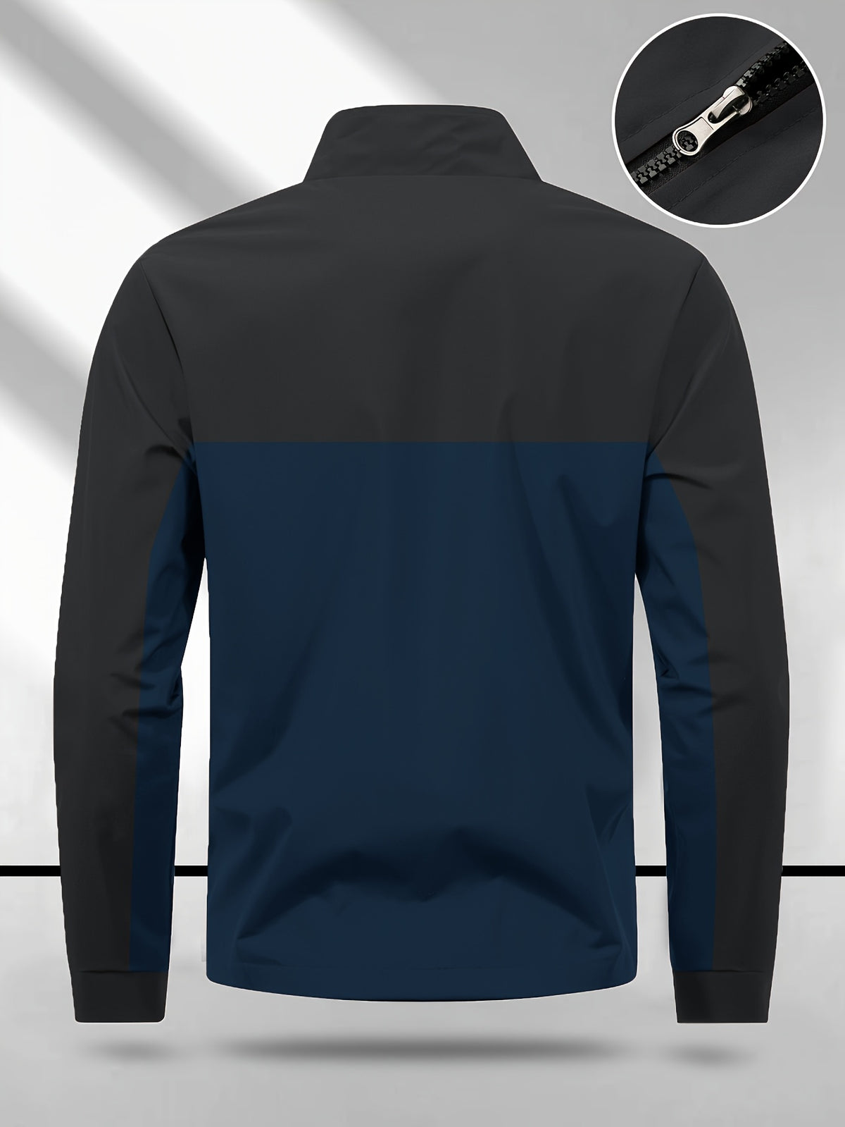 Men's Color-Block Spliced Stand-Collar Jacket, Spring/Autumn Outdoor Windproof Top, Trendy Casual Sporty Versatile Printed Jacket - Deep Blue