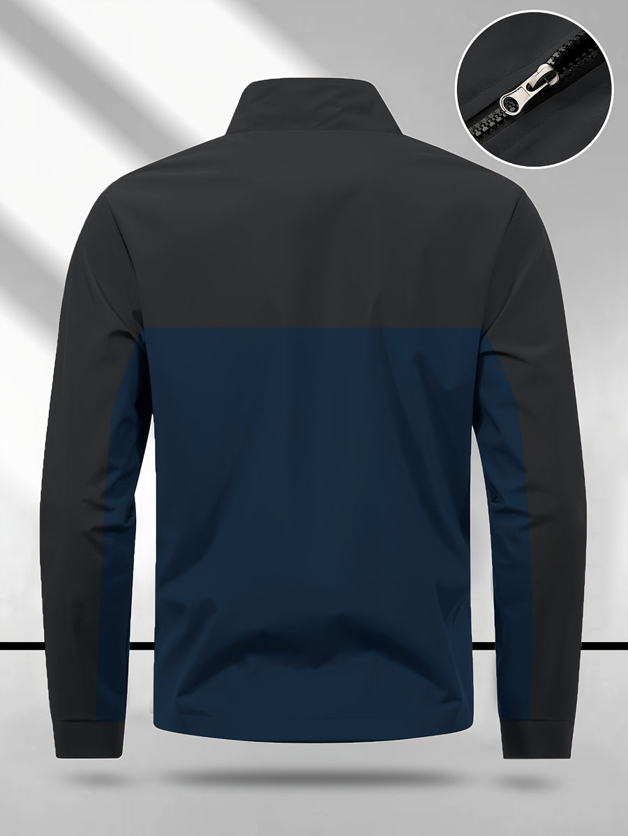 Men's Color-Block Spliced Stand-Collar Jacket, Spring/Autumn Outdoor Windproof Top, Trendy Casual Sporty Versatile Printed Jacket - Deep Blue