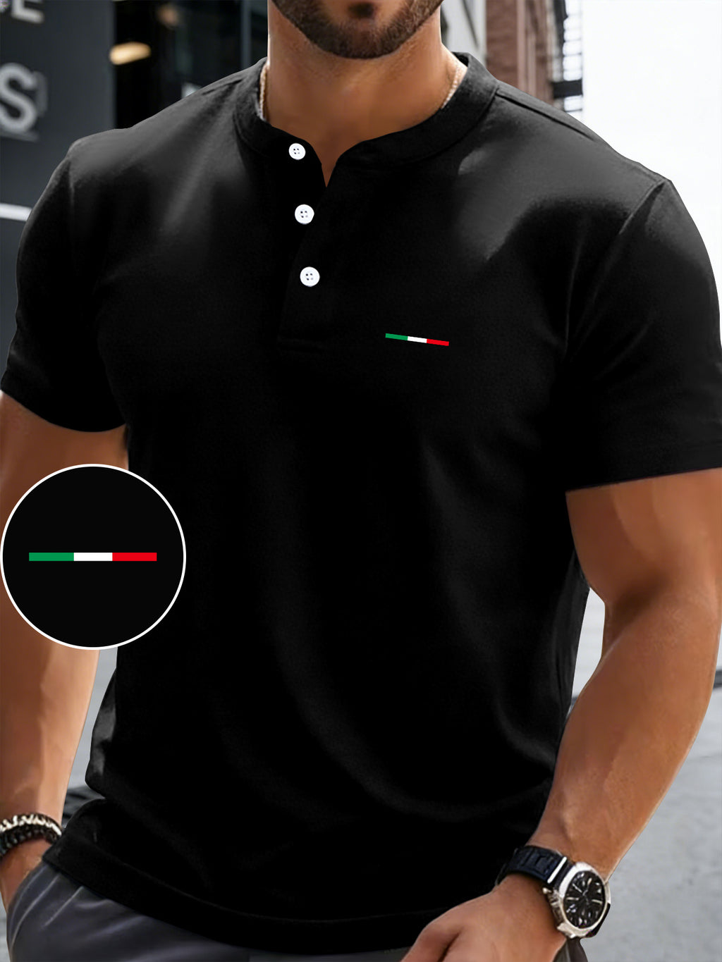 Men's Summer Short-Sleeve Henry Button-Front Shirt - Breathable Round Neck T-Shirt Suitable for Outdoor & Daily Wear, Casual Button Collar Blouse Style Top, Machine Washable Regular Fit for Warm Weather Wardrobe - Black
