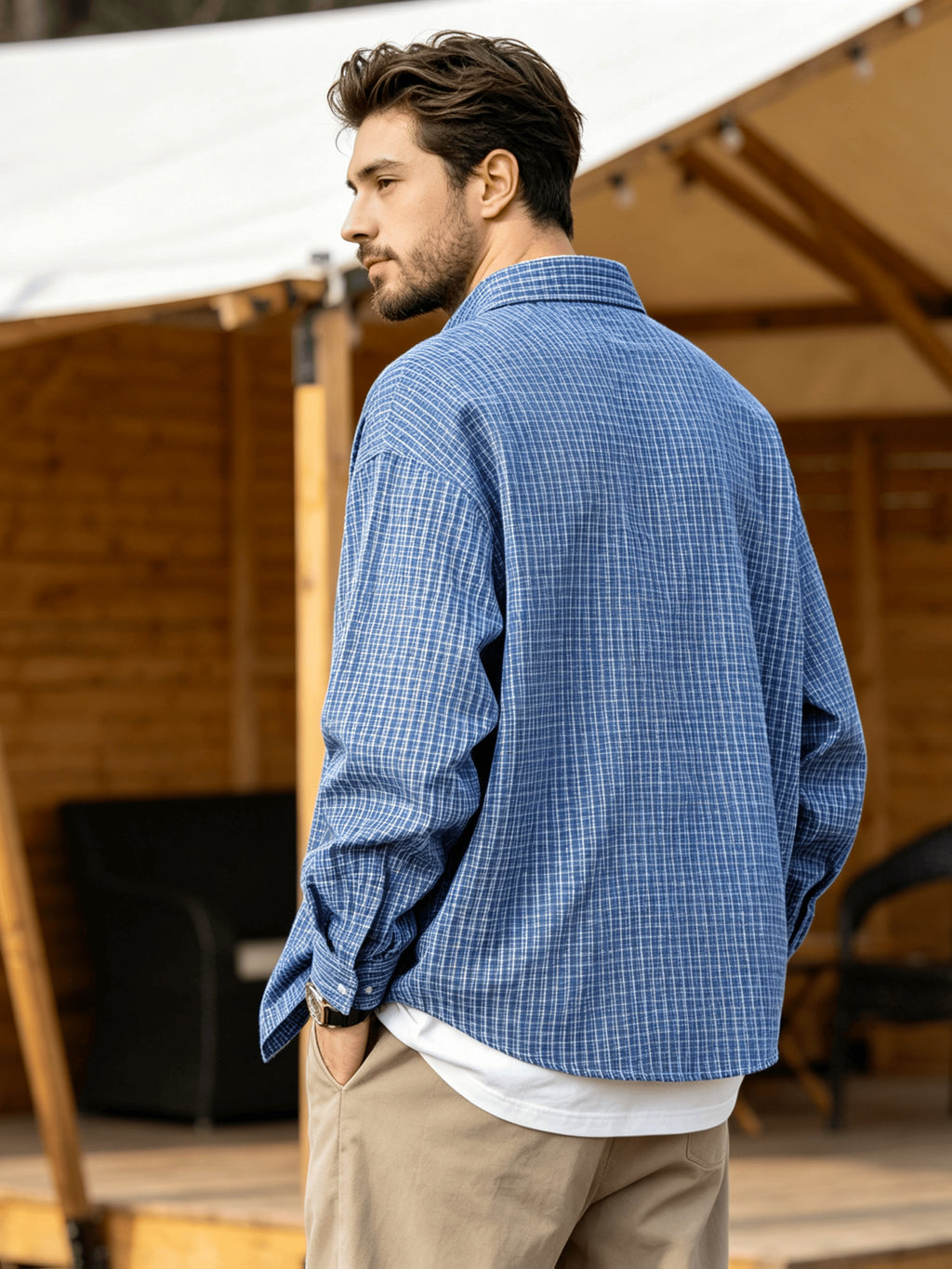 Men's Casual Long-Sleeve Shirt, Lightweight Spring/Autumn Fashion Lapel Shirt for Outdoor Daily Outings, Wrinkle-Free Men's Top - Blue