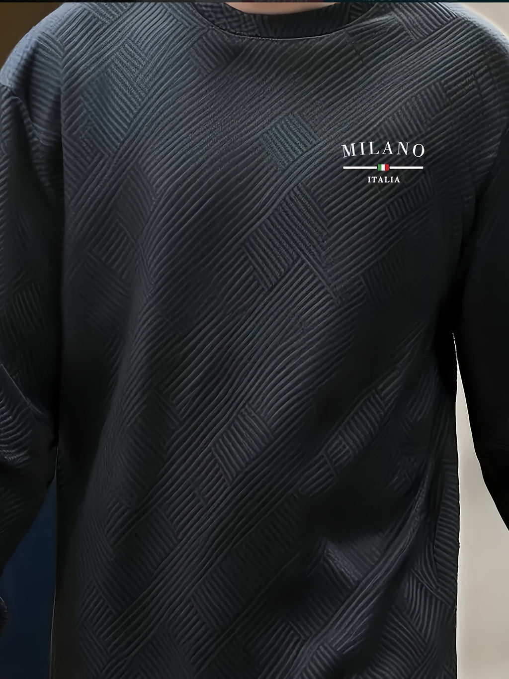 Men'S Spring Autumn Casual Long Sleeve Sweatshirt Daily All-Match Heavy Jacquard Round Neck Sweatshirt, Regular Fit, Outdoor, Crew Neck, Geometric Print - Black
