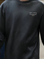 Men'S Spring Autumn Casual Long Sleeve Sweatshirt Daily All-Match Heavy Jacquard Round Neck Sweatshirt, Regular Fit, Outdoor, Crew Neck, Geometric Print - Black