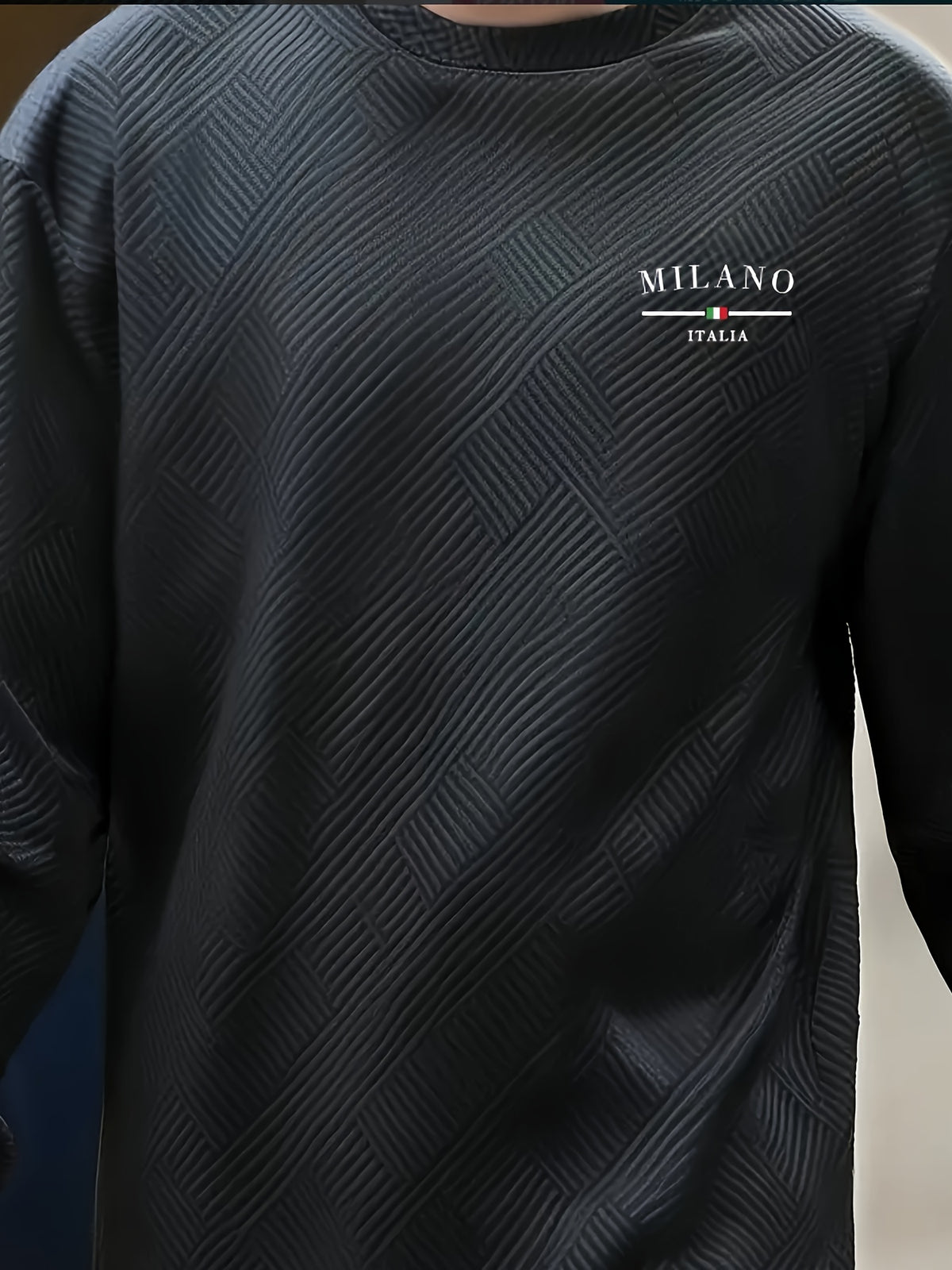Men'S Spring Autumn Casual Long Sleeve Sweatshirt Daily All-Match Heavy Jacquard Round Neck Sweatshirt, Regular Fit, Outdoor, Crew Neck, Geometric Print - Black