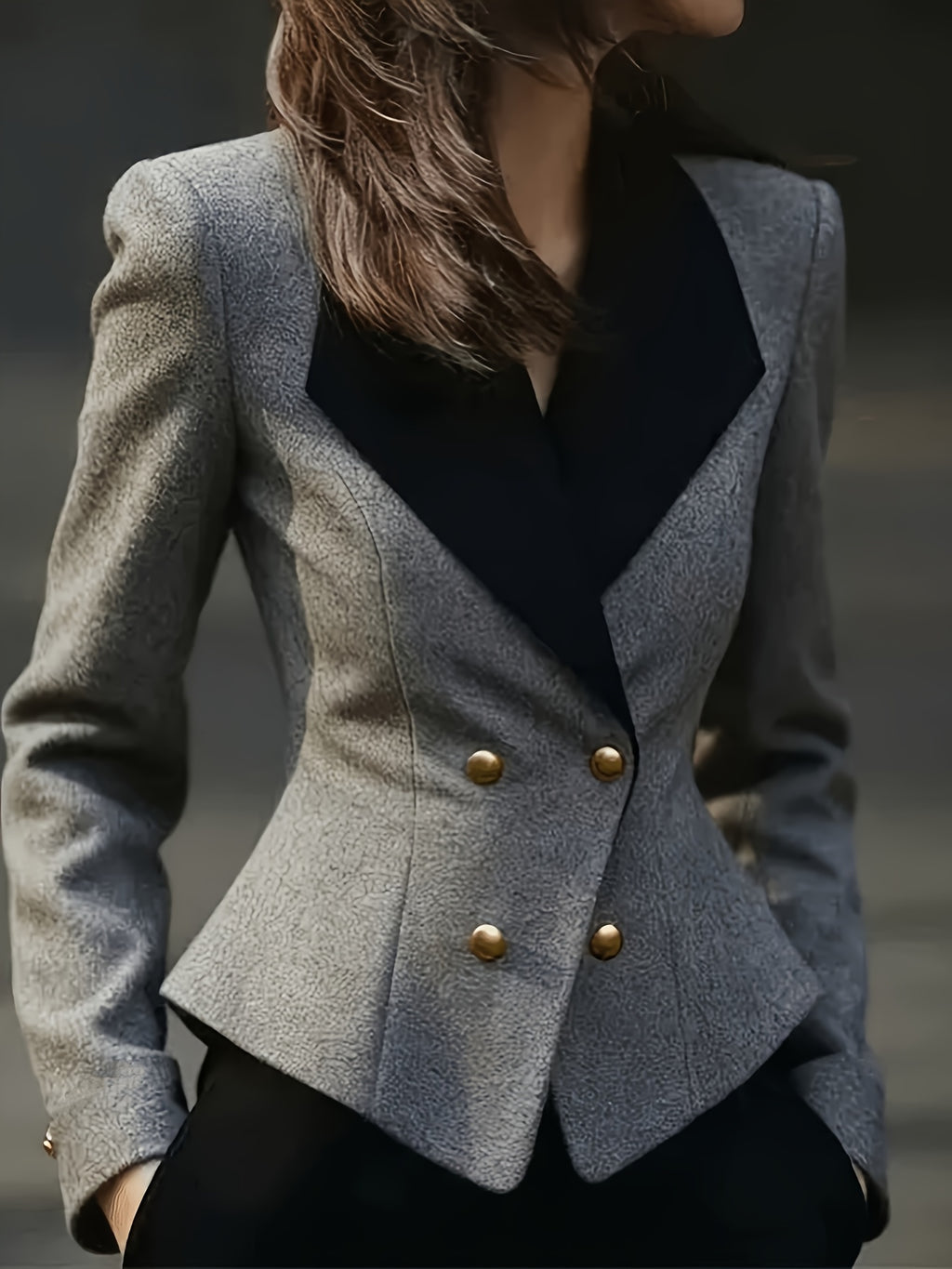 Women's Autumn/Winter High-End Contrast Color Lapel Short Blazer with Waist-Cinching Fit, Double-Breasted Golden Buttons, for Commuting and Professional Occasions - Grey