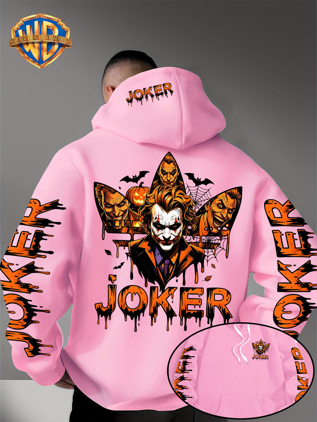 Warner Official - Men's Fashion Hoodie Sweatshirt, Halloween-themed Bat and Spiderweb Hand-Drawn Graffiti Suit Joker with Three Different Evil Smile Expressions Joker Head + "JOKER" Lettering Creative Pattern Print, Soft and Skin-Friendly Fabric - pink