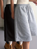 Women'S Casual Solid Color Loose Shorts Bermuda Shorts Black And Gray 2pcs Set - Black+gray