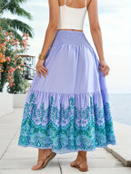 Flower Print Gathered Maxi Skirt - Light Purple