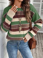 Women's Vintage Casual Sweater - Soft Medium-Stretch Round Neck Long Sleeve, Horizontal Striped Loose Fit Pullover for All-Season Comfort & Everyday Elegance, Cute Sweaters, Elegant Layering Piece, Durable Knitwear - Bean Green