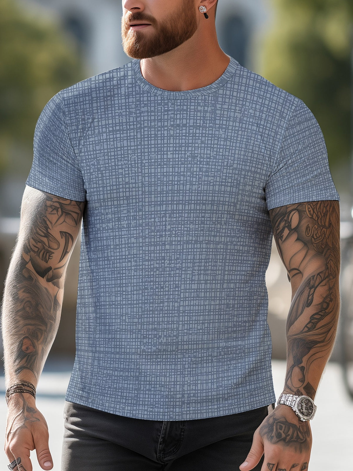 Men'S Short Sleeve Crew Neck T-Shirt, 3D Digital Printed Grid Pattern Polyester Tee, Casual Streetwear Fashion Top for Summer Daily Outdoor Wear - Mixed colors