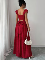 Vintage Red Polka Dot Square Neckline Ruffle Hem Dress with Backless Bow Waist Tie and Flared Skirt, Vacation Style Women's Dress - Red