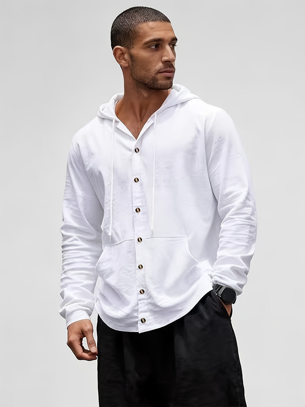 Men's Hooded Long-Sleeve Button-Up Casual Shirt with Pockets, Lightweight and Stylish Top - White