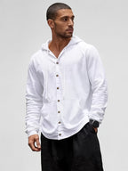 Men's Hooded Long-Sleeve Button-Up Casual Shirt with Pockets, Lightweight and Stylish Top - White