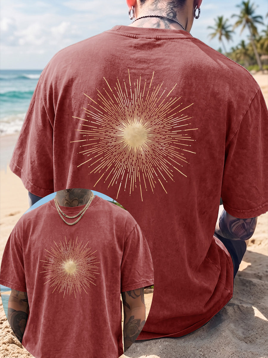 Men's Short-Sleeve T-Shirt, Pure Cotton, Loose Fit, Washed and Distressed, Sunburst Starlight Pattern, Trendy Reverse Double-Sided Print, Multiple Colors for Mix and Match, American Streetwear Hip-Hop High Street Top, for Daily Outings - Burgundy