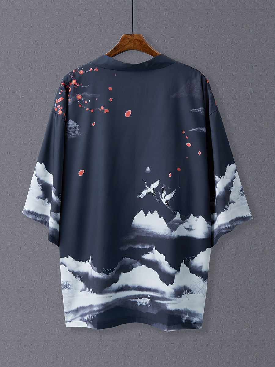Landscape Print Open Front Kimono, Casual 3/4 Sleeve Loose Coverup Kimono, Women's Clothing - Navy Color