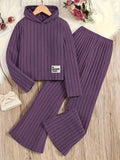 A Set of Women's Rib- Cable- Letter-appliqué Hoodie and Flared Pants - Deep Purple