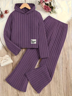 A Set of Women's Rib- Cable- Letter-appliqué Hoodie and Flared Pants - Deep Purple