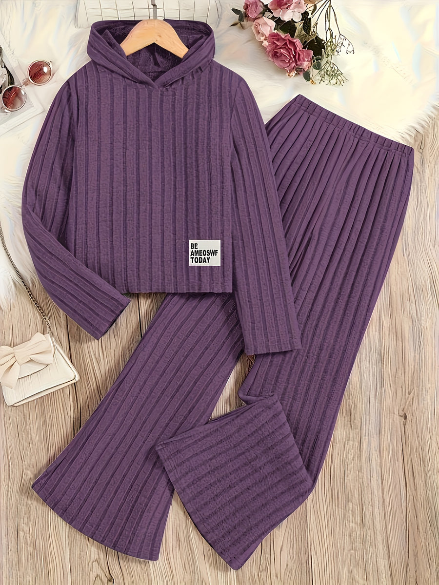 A Set of Women's Rib- Cable- Letter-appliqué Hoodie and Flared Pants - Deep Purple