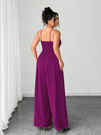 Women's New Summer Fashion Casual Solid Color Jumpsuit, Elegant and Dignified with Button Shoulder Straps, Pleated Waist, and Wide-Leg Design - Purple
