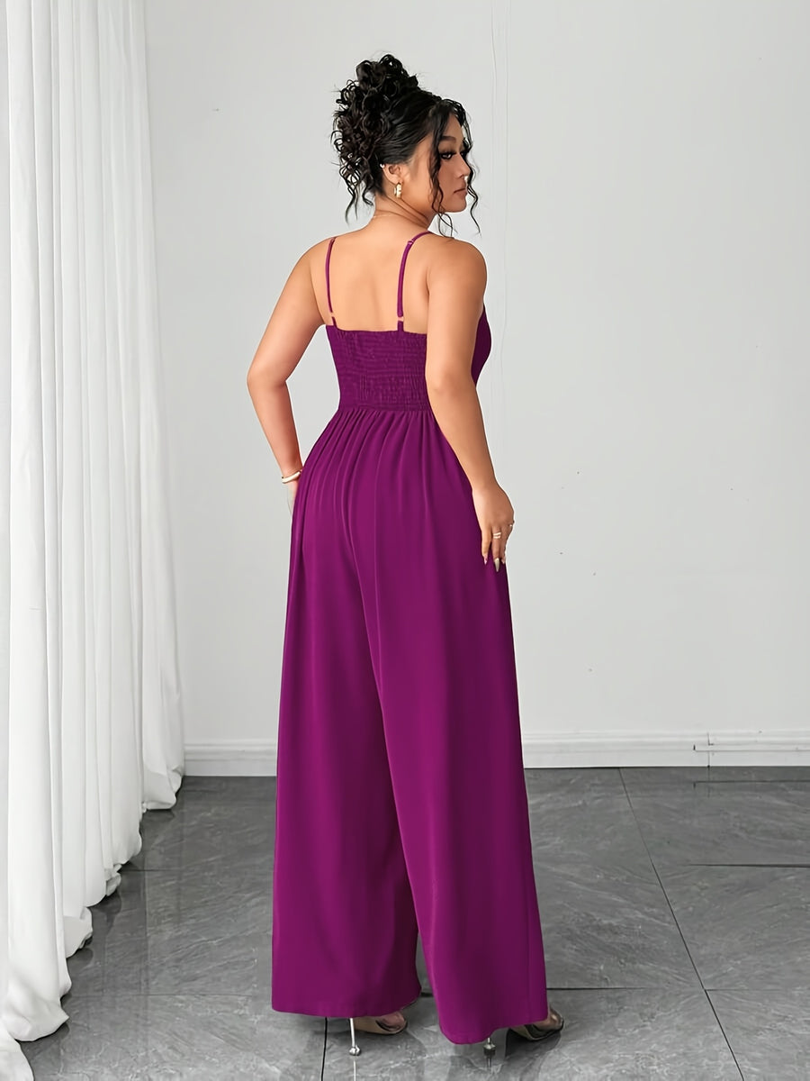 Women's New Summer Fashion Casual Solid Color Jumpsuit, Elegant and Dignified with Button Shoulder Straps, Pleated Waist, and Wide-Leg Design - Purple