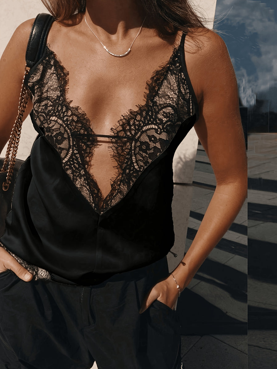 Versatile and Elegant Lace Petal Trimmed Hollow-out V-neck Spaghetti Strap Loose-fit Tank Top - Black