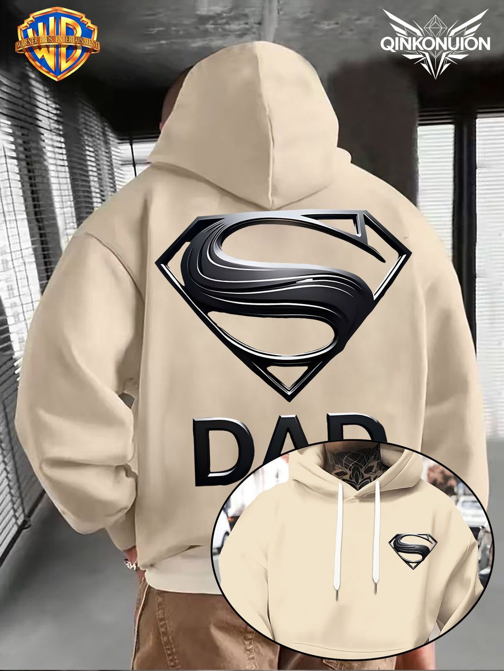 WB Warner Men'S New Trendy Hoodie, Superman Classic Logo Printed Design Hoodie, Daily Casual Drawstring Hoodie, Long Sleeve Hoodie, Machine Washable, Multifunctional Sports And Leisure Loose Fit Men'S Hoodie - Apricot