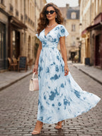 Women's Elegant V-Neck Floral Print Maxi Dress with Ruffle Sleeves, Casual Waist, for Leisure and Vacation, ZLLZ - Sky Blue