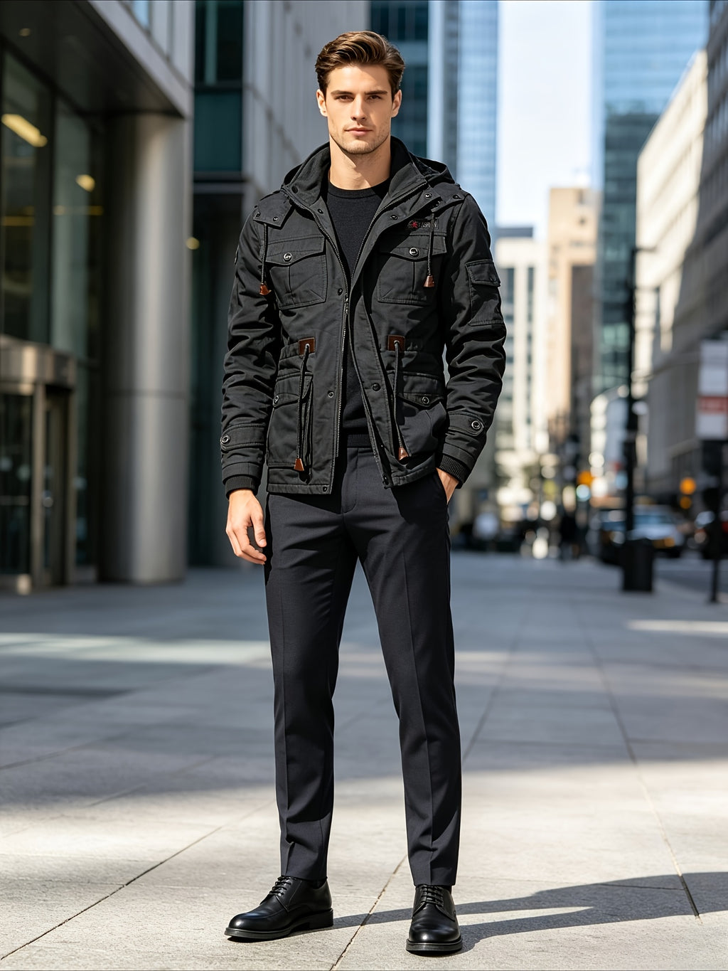 TNZI Men' Vintage Washed Hooded Cargo Jacket - Multi-Button & Zipper Hooded Coat with Collar, Half-Door Zipper Closure, Button Utility Outerwear Suitable for Business Commute, Outdoor Hiking, Winter Streetwear Jacket - Black
