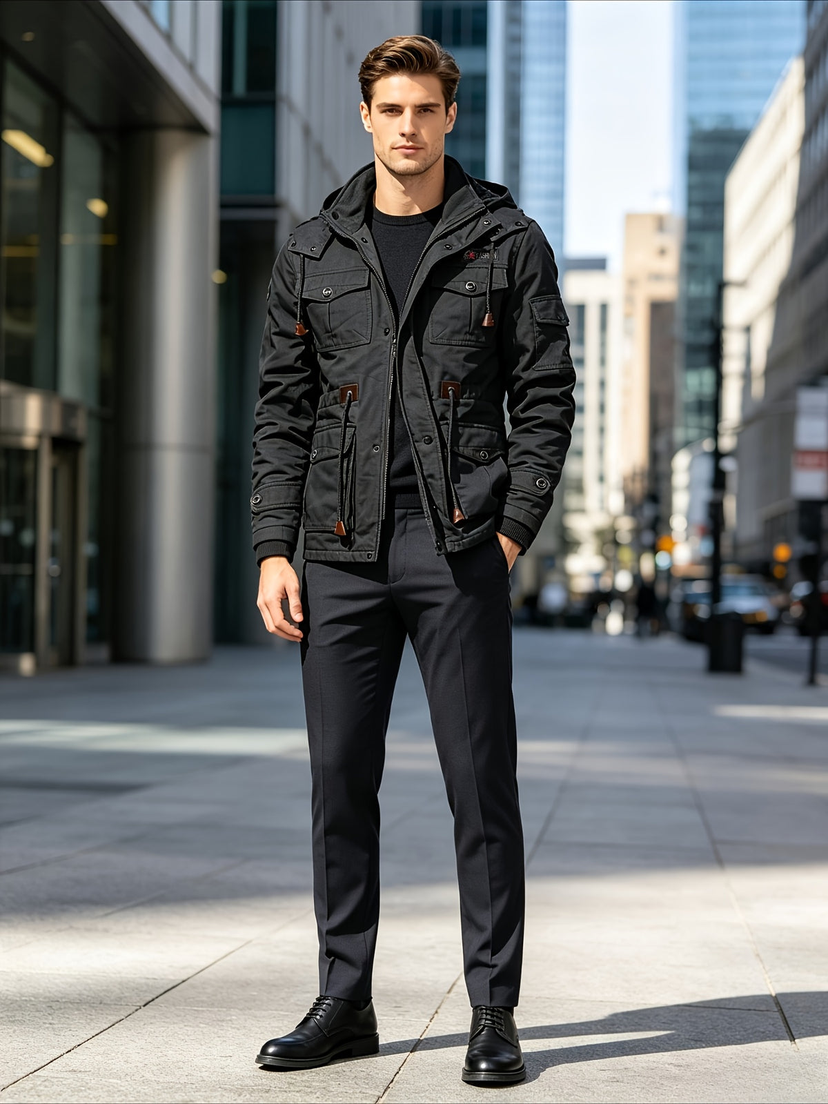 TNZI Men' Vintage Washed Hooded Cargo Jacket - Multi-Button & Zipper Hooded Coat with Collar, Half-Door Zipper Closure, Button Utility Outerwear Suitable for Business Commute, Outdoor Hiking, Winter Streetwear Jacket - Black