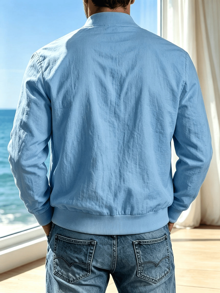 Spring Summer Linen Washed Pleated Baseball Collar Jacket Men'S MILANO Letter Print Thin Breathable Coat Middle-Aged Dad Loose Zipper Cardigan Multi-Color Versatile Commute Casual Outerwear Baseball Uniform Top, Transitional Bomber Jacket - Sky Blue