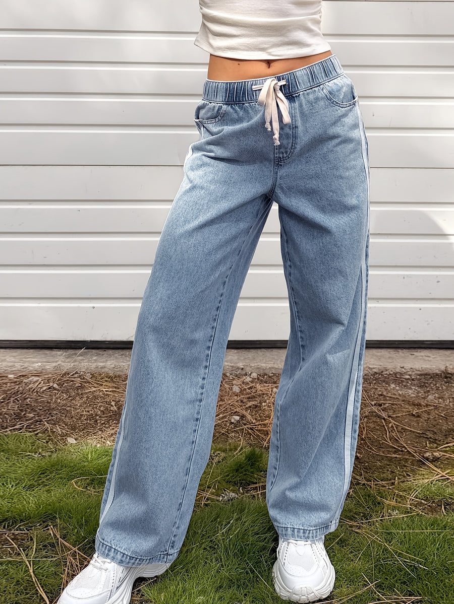Light Blue Wide-Leg Denim Jeans with Side Stripe Patchwork Design Drawstring Elastic Waist Comfortable Loose Drapey Casual All-Match Trousers - Light Blue