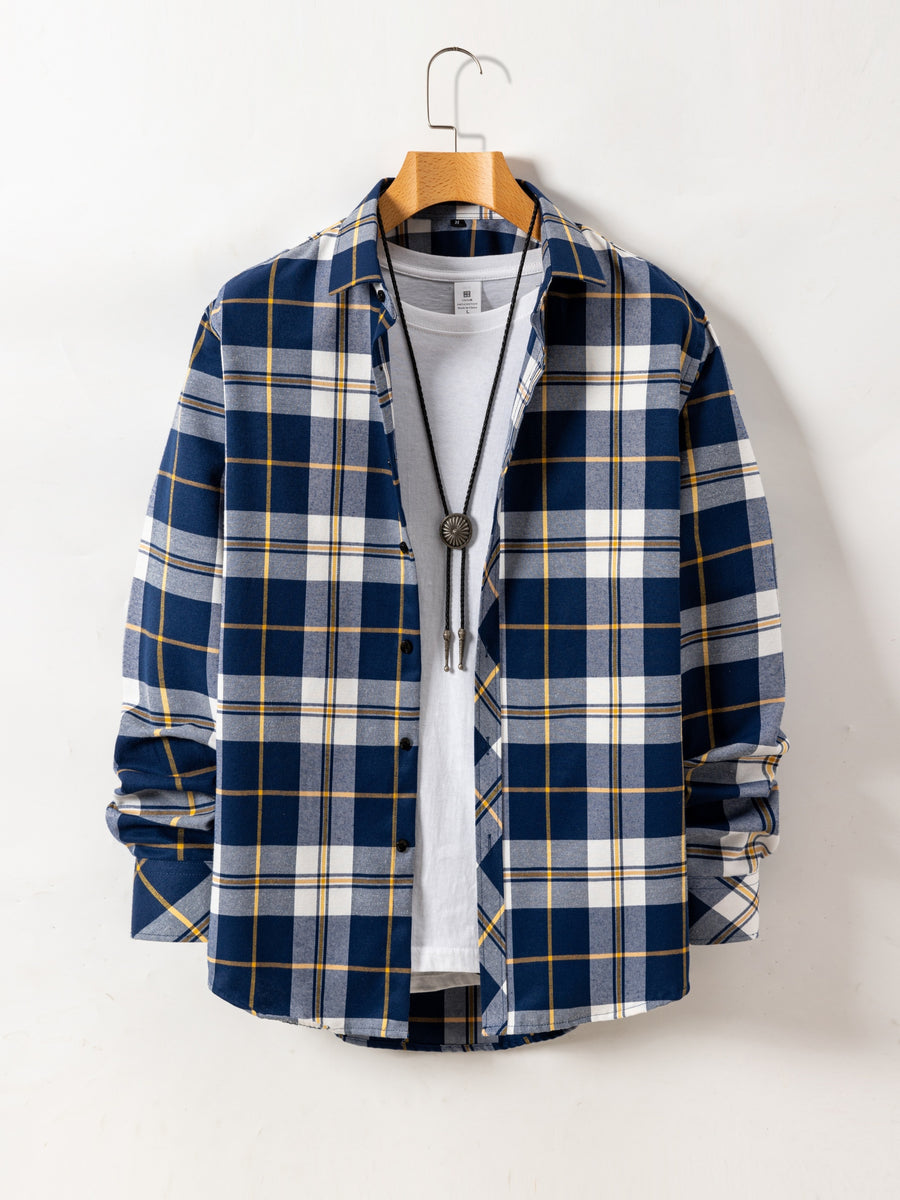 New Trendy Men'S Brushed Checkered Shirt Fall Winter Casual Jacket Outerwear - Deep Sky Blue