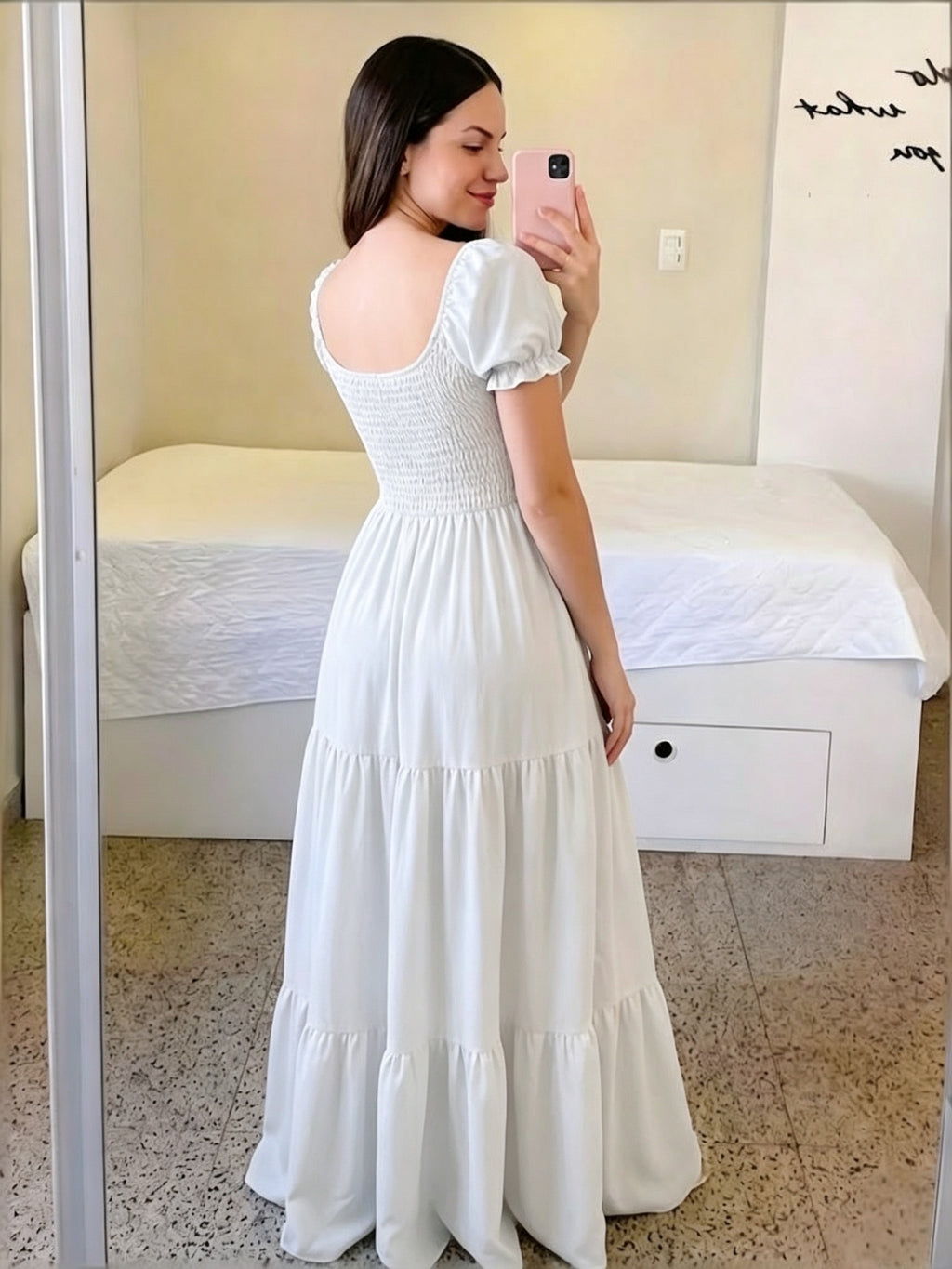 Four-Season Suitable Dress, Y2K Women's New Solid Color Square Neck Tie-Back Long Dress, Suitable for Streetwear, Commuting, Parties, Social Events, Vacations, Christmas, New Year, Valentine's Day, Women's New Clothing M186 - White