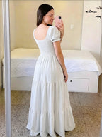 Four-Season Suitable Dress, Y2K Women's New Solid Color Square Neck Tie-Back Long Dress, Suitable for Streetwear, Commuting, Parties, Social Events, Vacations, Christmas, New Year, Valentine's Day, Women's New Clothing M186 - White
