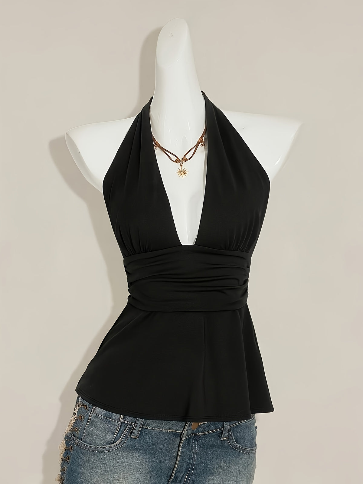 Women's Low-Neck Pleated Halter Neck Bow Backless Polka Dot Tank Top - Black