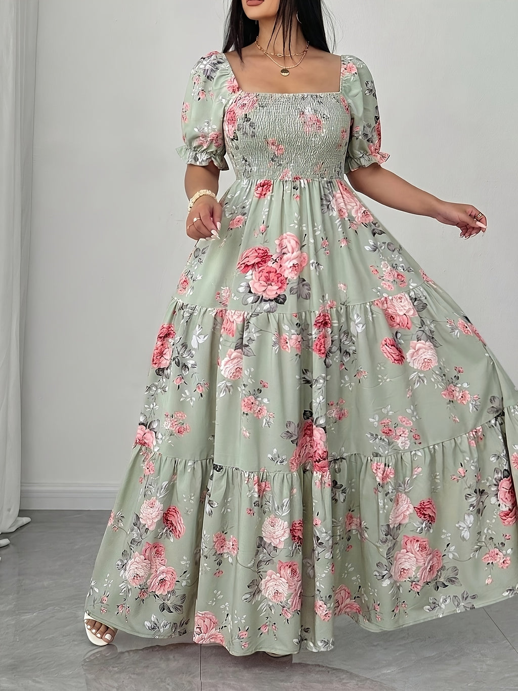 Plus Size, Elegant Women's Floral Print Dress with Ruched Detailing - Green