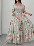 Plus Size, Elegant Women's Floral Print Dress with Ruched Detailing - Green