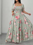 Plus Size, Elegant Women's Floral Print Dress with Ruched Detailing - Green