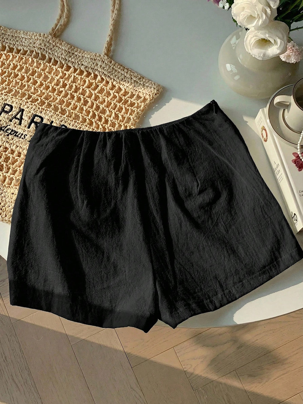 Women's Casual Daily Commuter Simple Solid-color Belted Slit Culottes, Summer Comfortable Breathable Short Skirt Half Skirt - Black